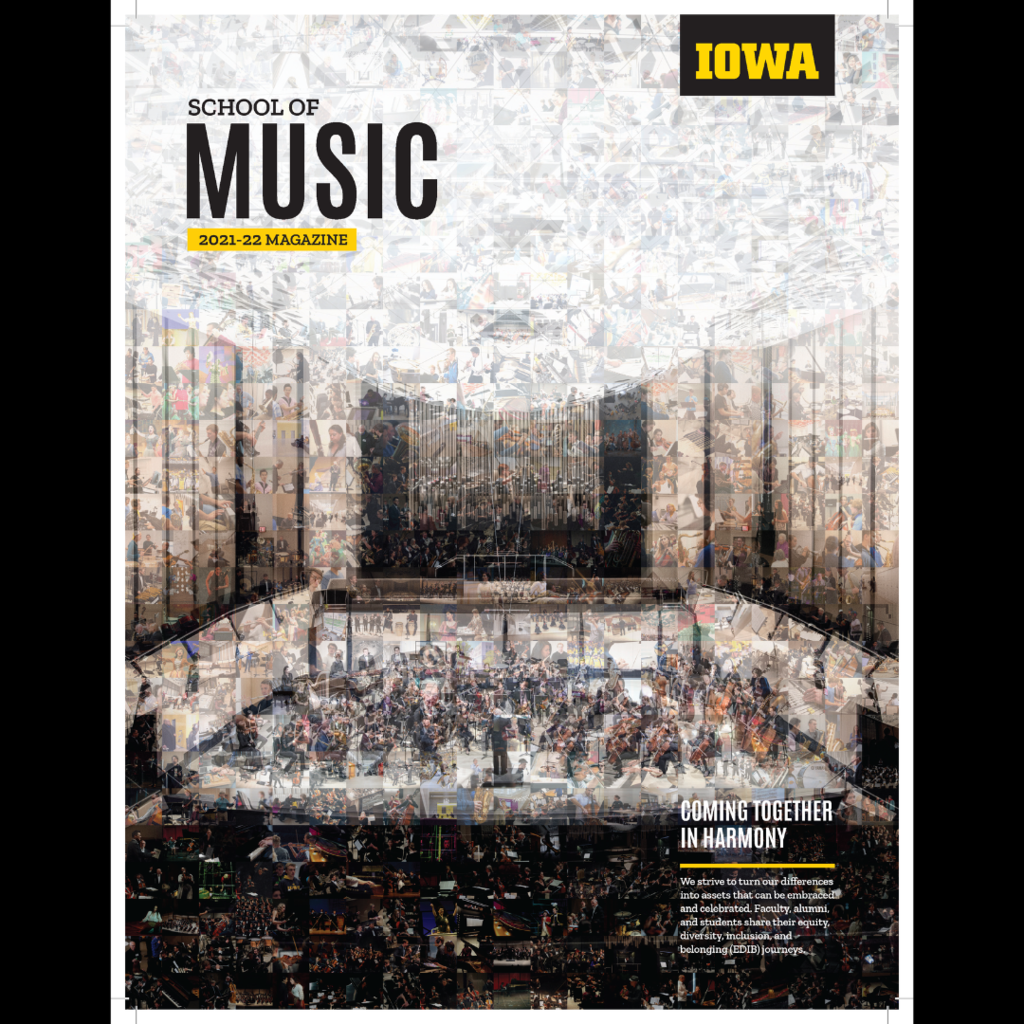 cover of 2022 Iowa Music Magazine showing a photo mosaic that shows the interior of our Concert Hall