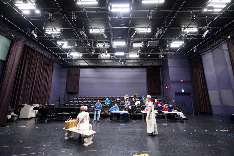A wide view of a rehearsal in the Stark Opera Studio