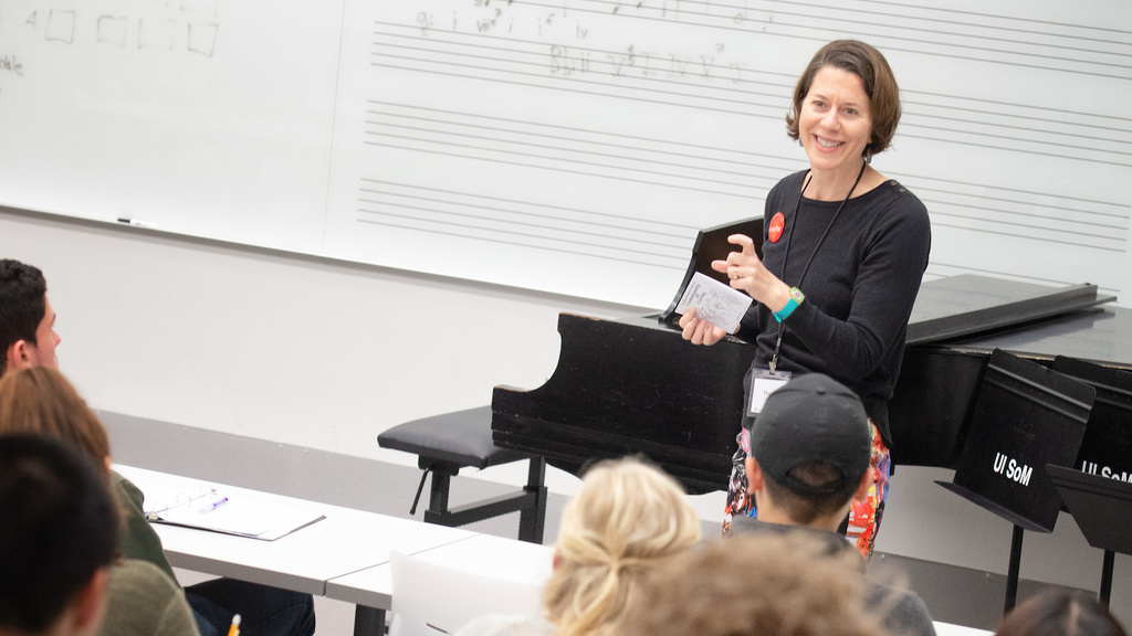 Professor Mary Cohen teaching a Music Education class in Voxman Music Building