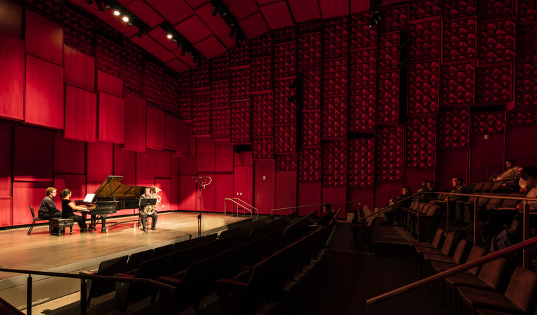 A red recital hall in Voxman Music Building