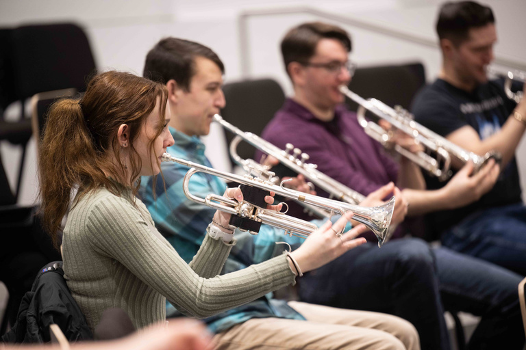 students in trumpet master class led by Michael Sachs, principal trumpet for Cleveland Orchestra