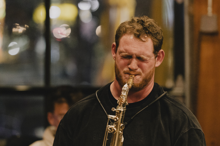 saxophone student Sam Ross playing his instrument at the Jazz Jam