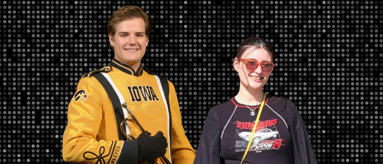 Brandon Burkhardt and Samantha Martin, pictured on a black background with dots