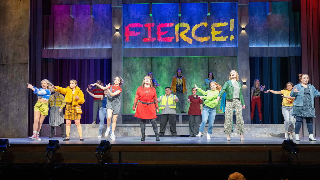 cast on stage during a dance number in the opera Fierce, performed at Hancher in Spring 2024
