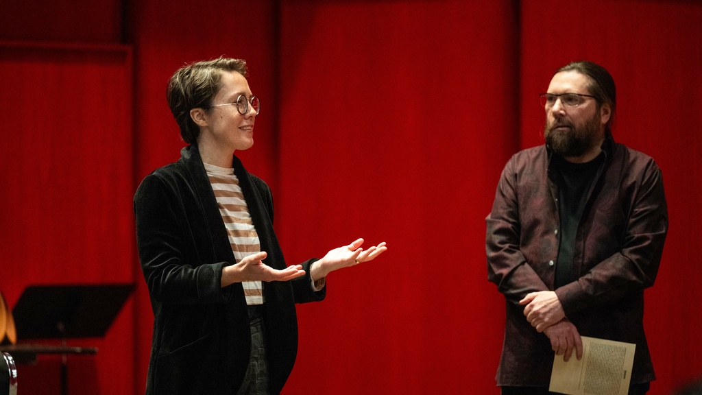 Caroline Shaw addressing Percussion and String Quartet students in our Recital Hall as Dan Moore listens attentively