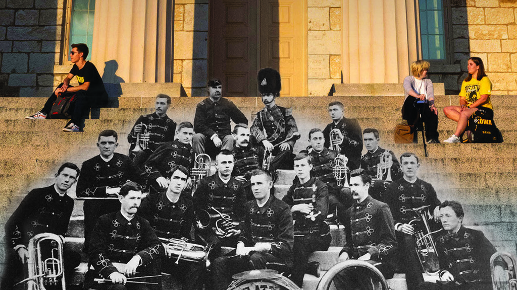 Cover image from the 2024 Iowa Music Magazine, showing historic image of the UI Batallion Band seated on the steps of the Old Capitol