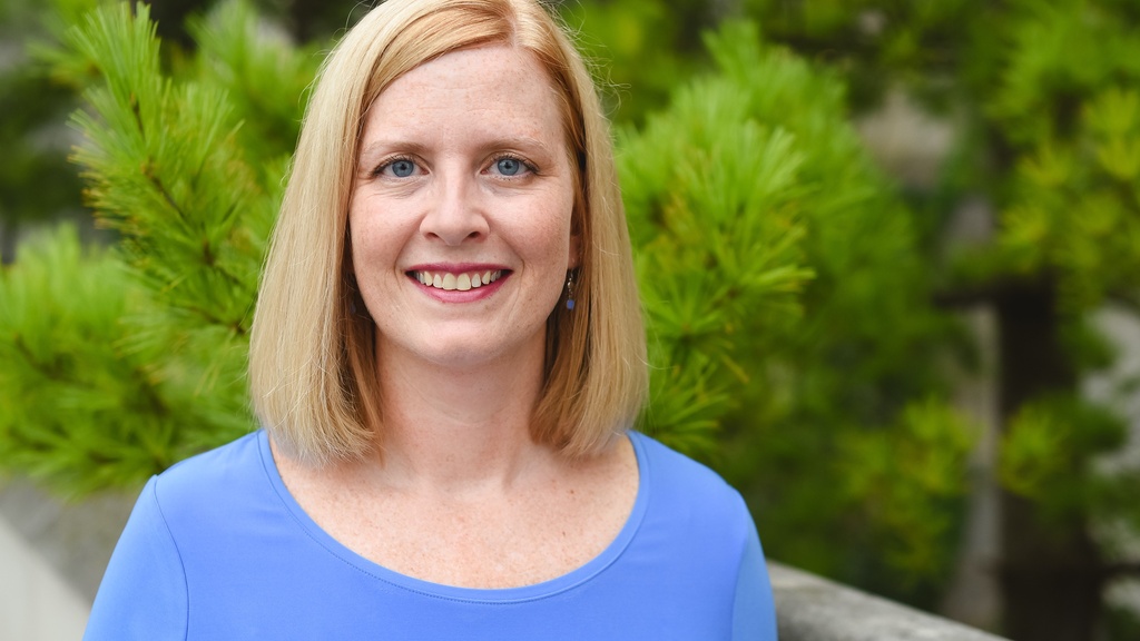 Abbey Dvorak in a blue shirt