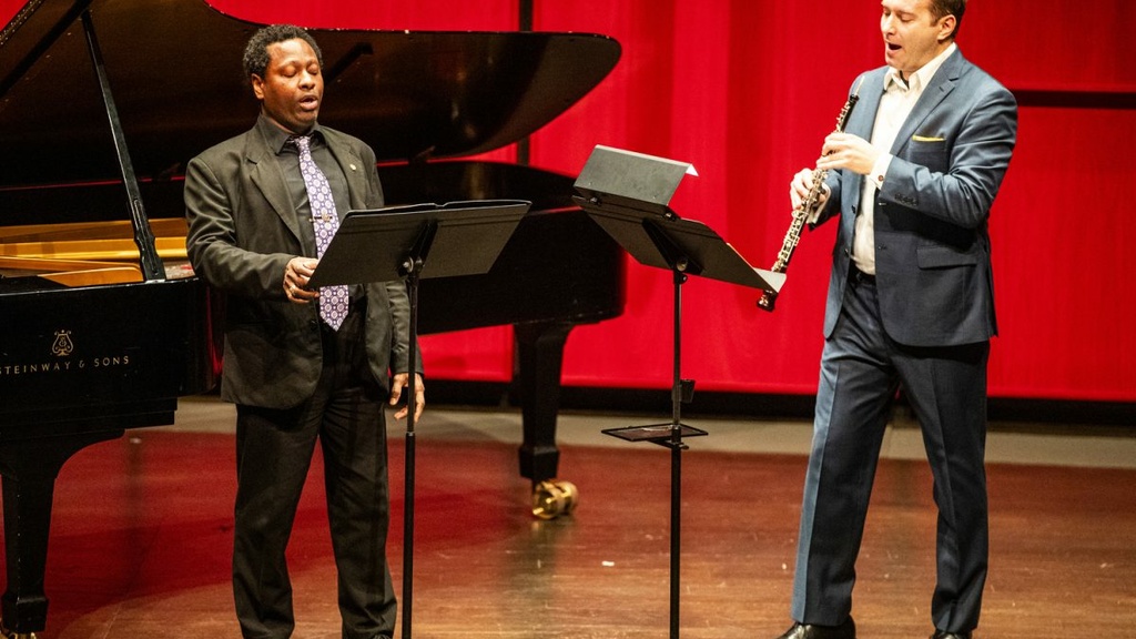 Iowa Oboe professor Dr. David Cyzak performs alongside vocalist Paul Cort during “American Facets,” a faculty recital at The University of Iowa School of Music – Voxman Building, in Iowa City on Tuesday, Feb. 25, 2025.