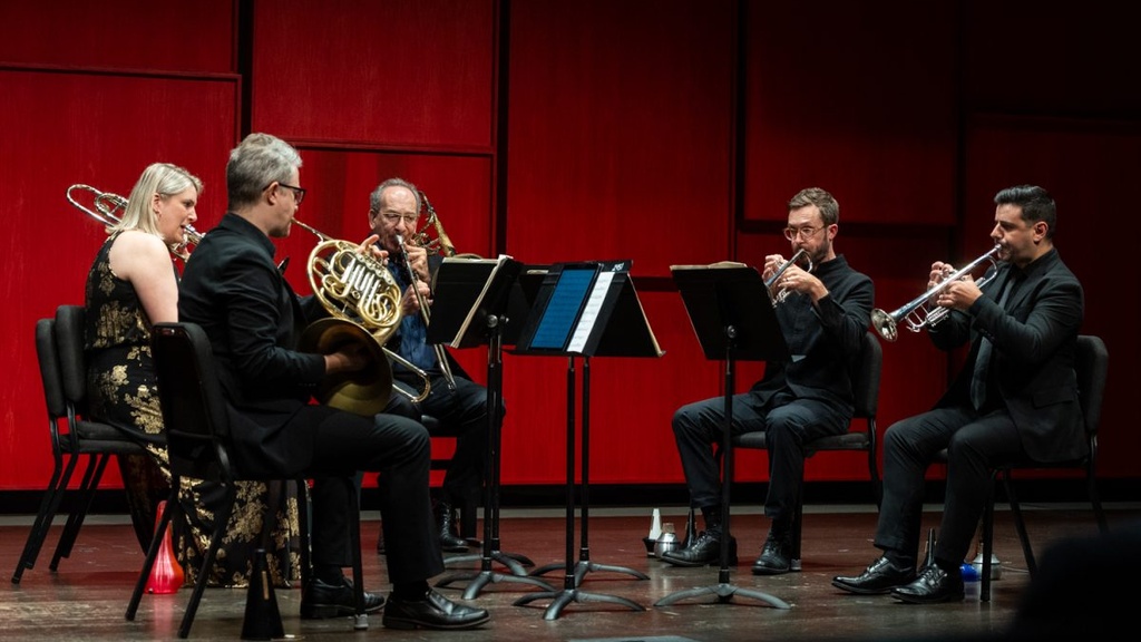 Annika Nelson The quintet plays “Ramp up” from the “Book of Brass” by Jennifer Higdon during the American Brass Quintet concert at the Roman Music Center in Iowa City on Wednesday Sept. 23, 2026. The quintet was established in 1960 and has premiered more than 150 contemporary works for brass (Annika Nelson/The Daily Iowan)