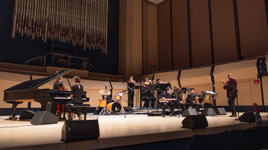 The Jazz Repertory Ensemble directed by Curtis Taylor performs in the University of Iowa Voxman Music Building on Thursday, Oct. 1, 2026.
