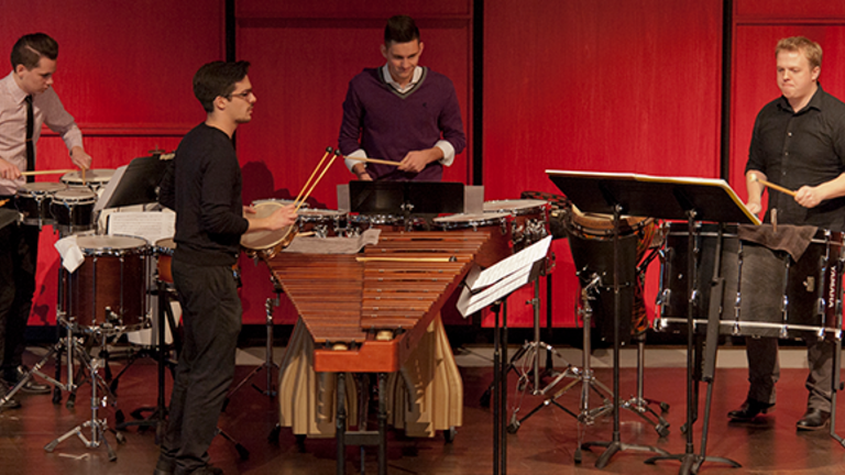 A University of Iowa percussion ensemble performing